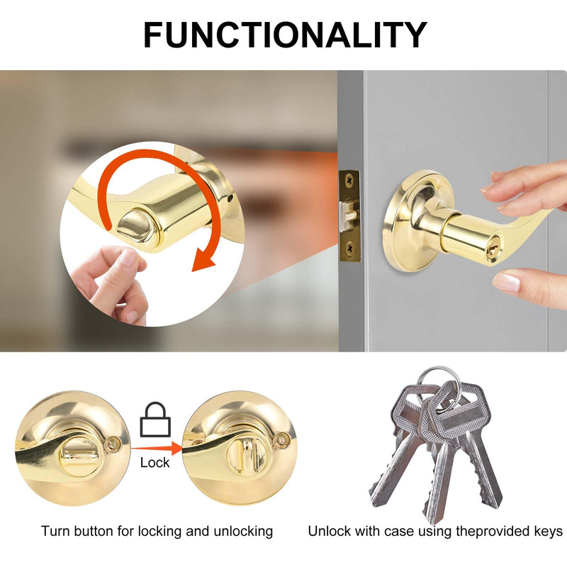 High-Security Stainless Steel Door Handle with Lock and Key, Door Lever for Bedroom, Bathroom and Rooms(Gold) 8300-Gold