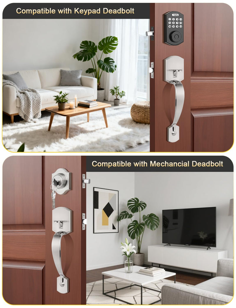 Tinewa Camelot Trim Lower Half Handleset, Upgated Entry Door Handle with Round Door Knob for Electronic Keypad, Brushed Nickel Finish Door Handle Lock Set 1 Pack Satin Nickel