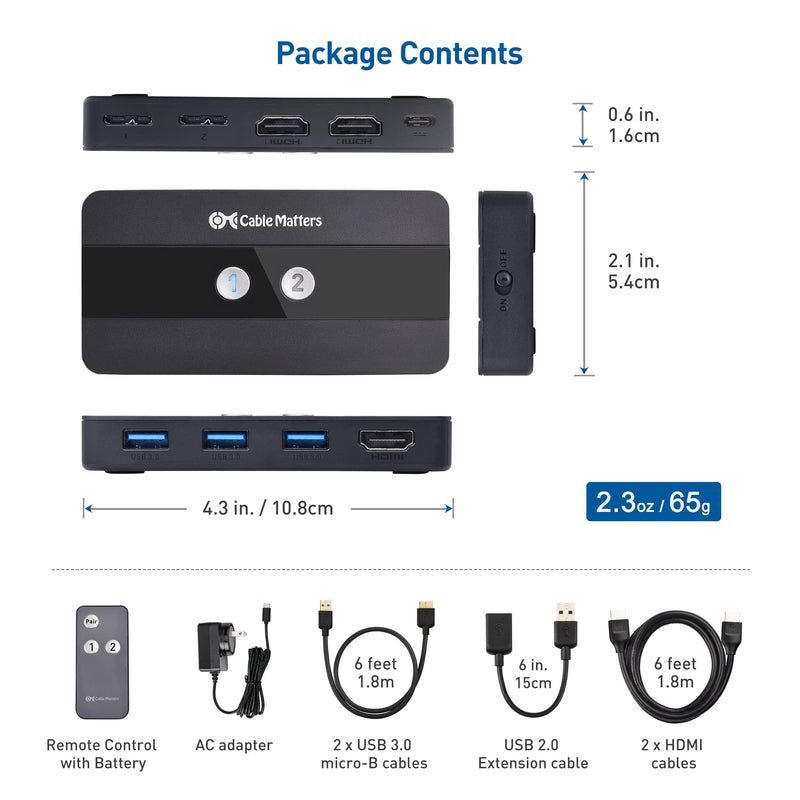 Cable Matters USB 3.0 KVM Switch HDMI 4K@60Hz for 2 Computers with 3X 5Gbps USB Ports, HDMI KVM Switch 2 Port - RF Remote Control Included