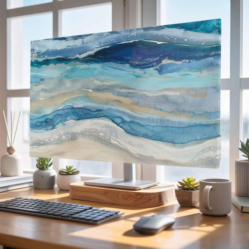 Blue Coastal TV Cover Indoor Elastic TVs Screen Protector, Summer Beach Nautical Monitor Covers Inside Dust Proof Slipcover, Modern Abstract Art 65 Inch TV Cover for Flat or Curved TVs 65"TV Blue Beige