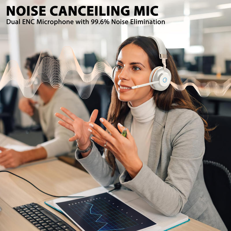 Wireless Headset with Mic for Work, V5.2 Bluetooth Headset with Microphone Noise Canceling & Charging Base, Wireless Headphones with Mic Mute Button & USB Dongle 45Hrs for Laptop/PC/Call Center/Home Gold White