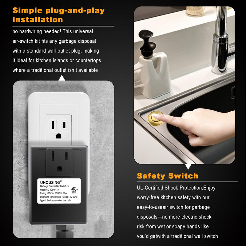 Garbage Disposal Air Switch Kit - UL Certified Sink Top Switch with Long 3.5" Brass Button by UHOUSING, Complete All-in-One Kit for All Disposals (Brushed Gold) Brushed Gold