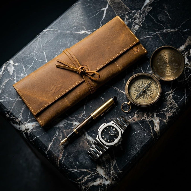 Dessi Handmade Crazy Horse Full Grain Leather Watch Roll 4 Slot Storage Organizer Case Universal Flat Fold Coffee Brown Travel Pouch Holder for Men Women Luxury Mechanical Timepieces