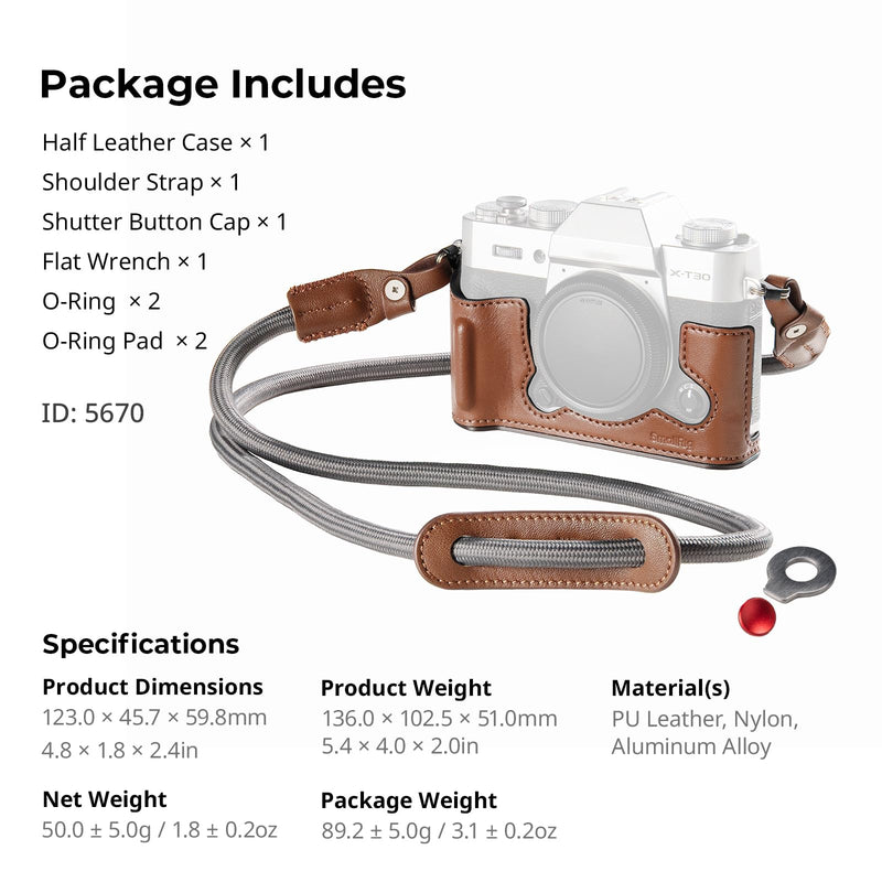 SMALLRIG Leather Case with Shoulder Strap for FUJIFILM X-T30 III/X-T30 II | Retro Style Camera Half Case with Aluminum Frame & Shutter Button Cap (Brown) Brown