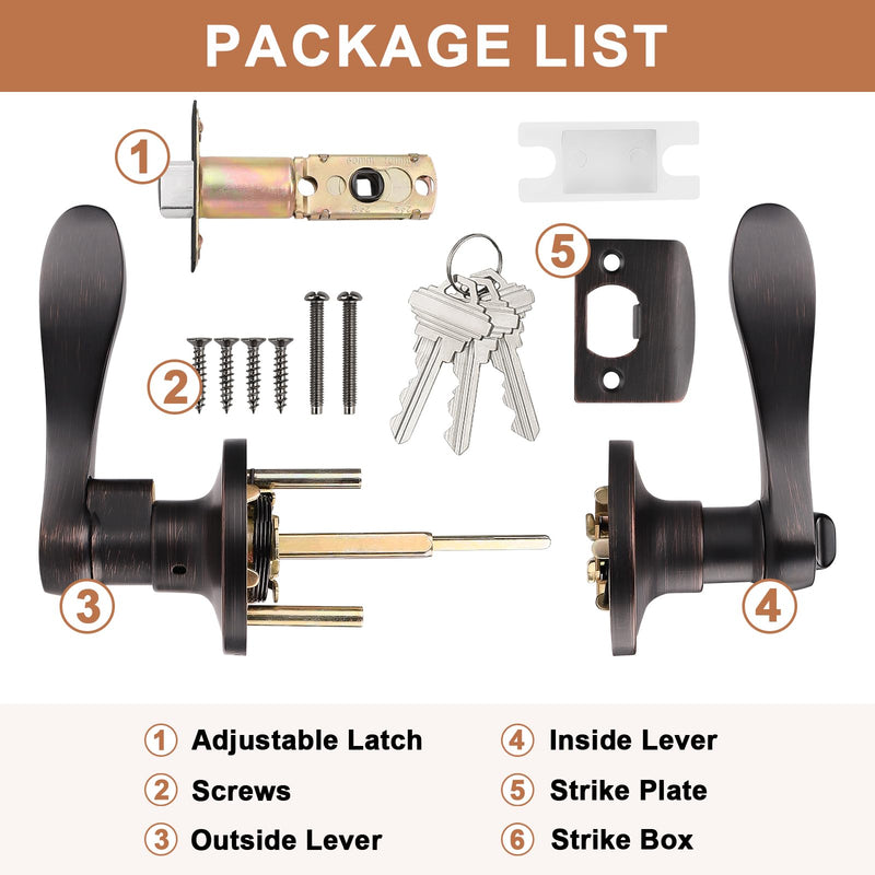 Probrico (1 Pack Entry Door Lever [Lock with 3 Keys],Locking Door Handle Set for Office or Front Door,Oil Rubbed Bronze Wave Entrance Door Lock with Key, Reversible Right & Left Side Handed 1 Keyed Entrance-not keyed alike