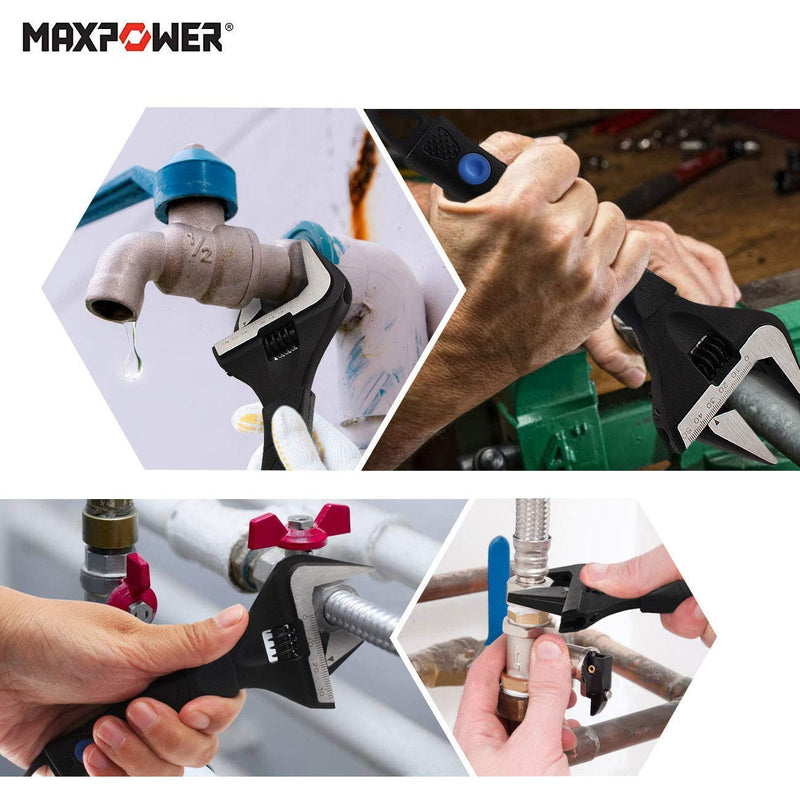 MAXPOWER Stubby Adjustable Wrench Deep Jaw Wide Opening, 6-Inch and 10-Inch Plumbing Wrench Set with Kitbag Wide Jaw 6,10-inch