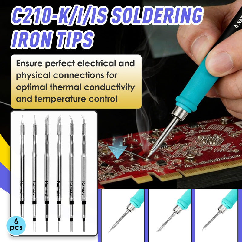 6 Pcs C210-K/I/IS Soldering Iron Tips Compatible with JBC/Sugo/Aifen/Quick/Yihua/T210/T26/A9 Soldering Station, Solder Tips Replacement, Rapid Heating, Minimum Required Power 12W