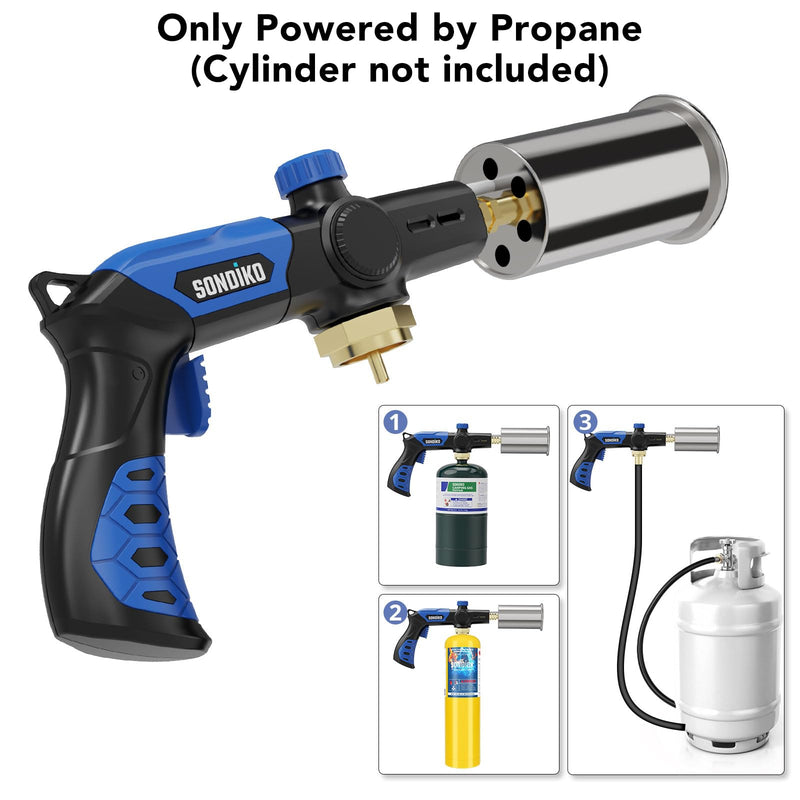 Sondiko Powerful Grill & Cooking Propane Torch L8010, Sous Vide, Campfire Starter, Adjustable Wood Torch Burner for Searing Steak, BBQ, Welding(Blue & Black) Propane Tank Not Included
