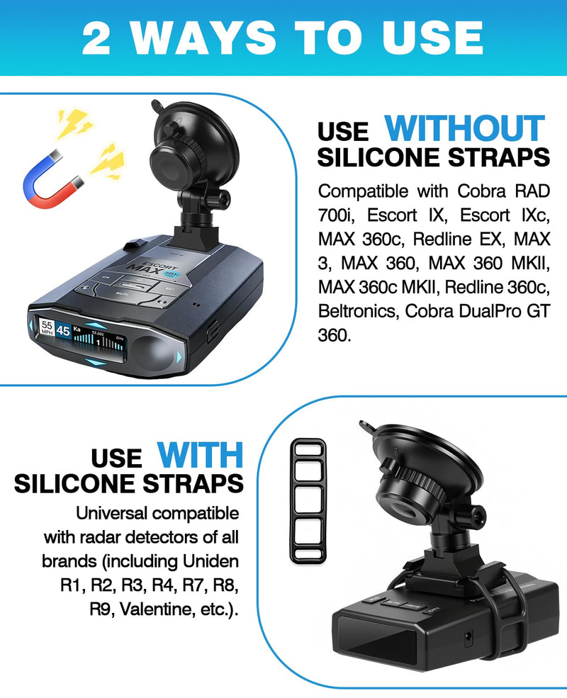 Magnetic Radar Detector Mount for Escort Redline 360c MAX 3 Cobra RAD 700i | EZ Quick Release Suction Cup Holder, 360° Swivel, Heat-Resistant, Universal Straps Included