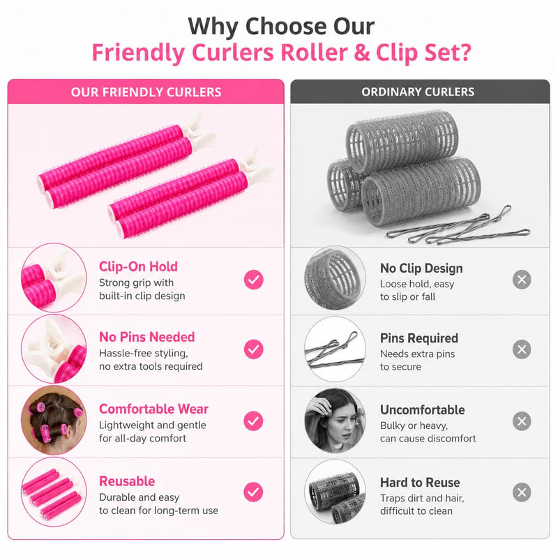 6 Piece Heatless Hair Curlers for Natural Volume and Lift, Self Grip Hair Rollers with Built in Clips, Reusable Curling Rollers for Fringe, Roots and Everyday Styling, Hot Pink