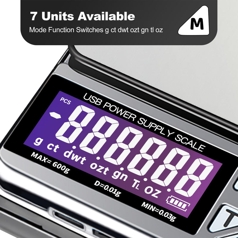 MEIYA Coin Scale, 600g x 0.01g Jewelry Scale with 7 Units & 3 Charging Interfaces, Digital Portable Pocket Gram Scale for Coin Collectors, Jewelers, Gold, Silver Dollar