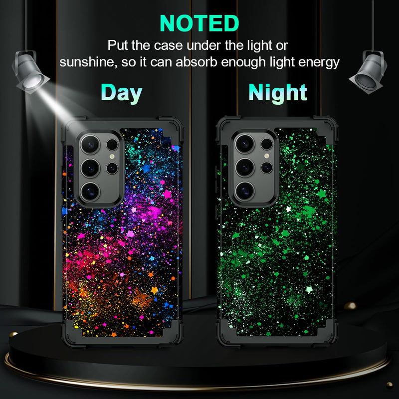 Casetego for Galaxy S24 Ultra Case,Glow in The Dark Three Layer Heavy Duty Sturdy Shockproof Full Protection Rugged Hard PC+Soft TPU Bumper Case for Samsung Galaxy S24 Ultra 5G 6.8 inch,Colorful Sky All Black Colorful Sky-Glow in the Dark