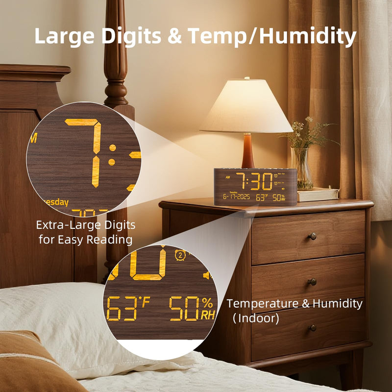 Raynic Digital Alarm Clock, Dual Alarms, 8.7" Large LED Display, USB & Type-C Charging Ports, Temperature & Humidity Display, 5-Level Dimmer & Volume for Bedroom & Home Office, Dark Wood Grain Finish