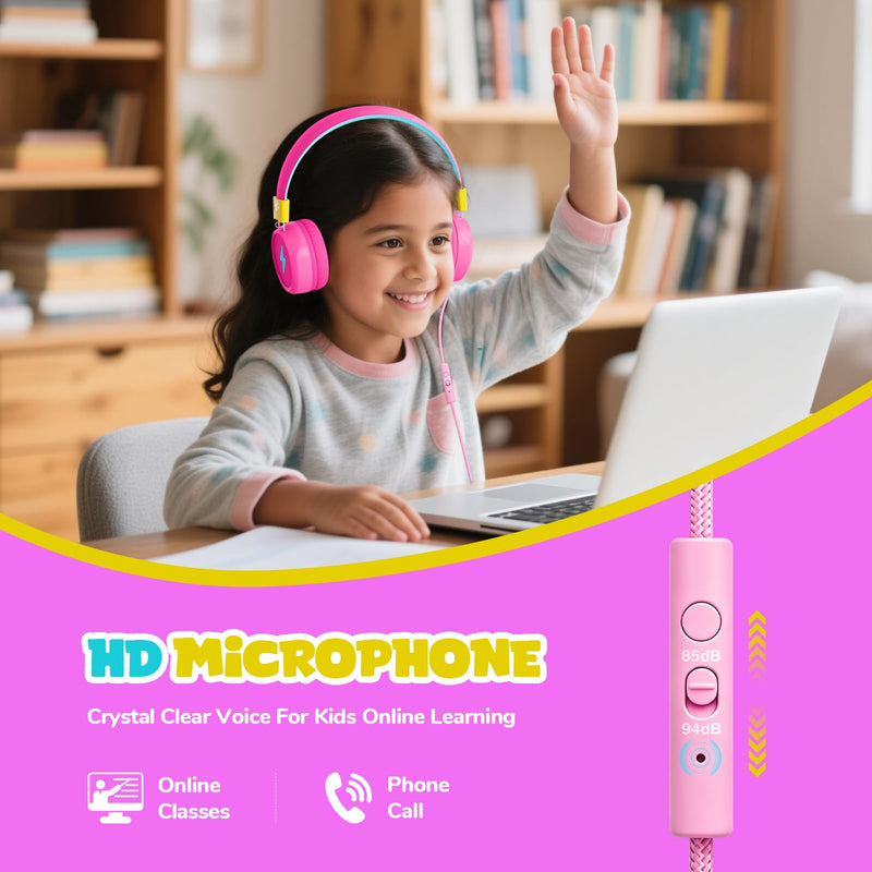 Owliwise Kids Headphones for School and Travel, Safe 85/94dB Volume Limiter, HD Microphone, Stereo Sound, Over-Ear Foldable Wired Headphones, 3.5mm Jack for iPad Cord, Chromebook, Boys Girls Pink
