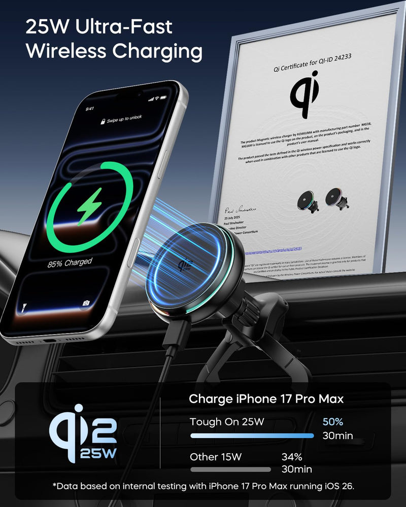 Qi2.2 25W for MagSafe Car Mount Charger, Wireless Car Charger | Cooling Fan, 45W Adapter, Air Vent Magnetic Car Phone Holder, Fast Charging for iPhone 17/16/15 Series & Samsung Galaxy