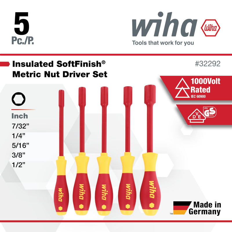 Wiha 32292 Insulated Nut Driver Set, Inch, 1000 Volt, 5 Piece Insulated Nut Driver SAE Set, 5 Piece