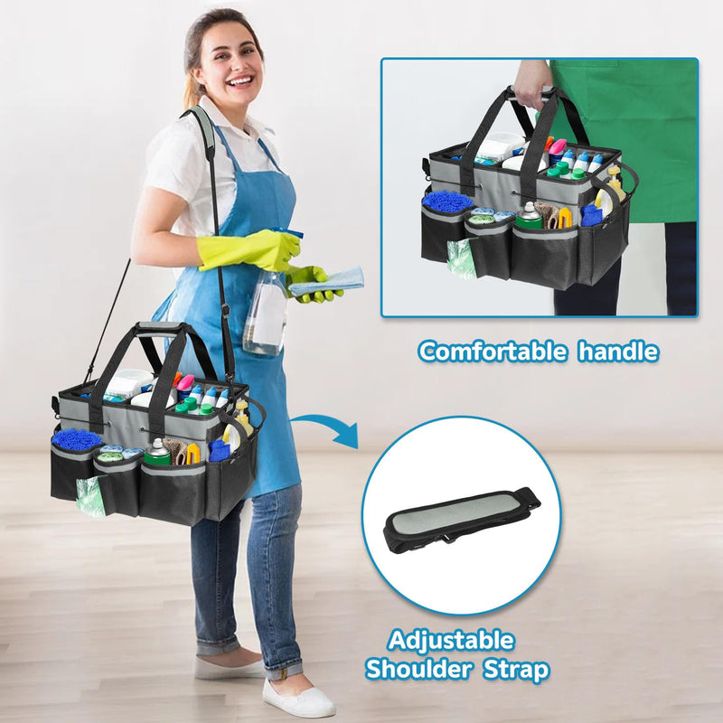Cleaning Tool Organizer Bag with Handles | 17.8x12.2x9.3in Large Waterproof Cleaning Caddy | Detachable Shoulder Strap & Dividers | for Car Detailing, Housekeeping, Cleaners(Grey) grey