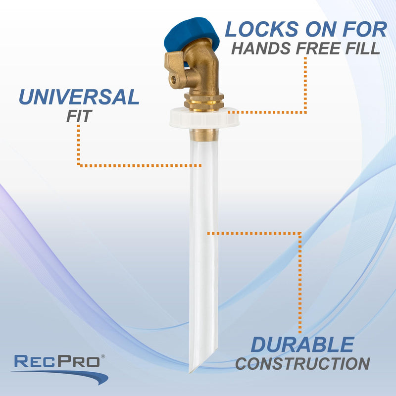 RecPro RV Secure Hands Free Water Tank Fill | Clear Tube | Brass Shut-Off | City Water Fill