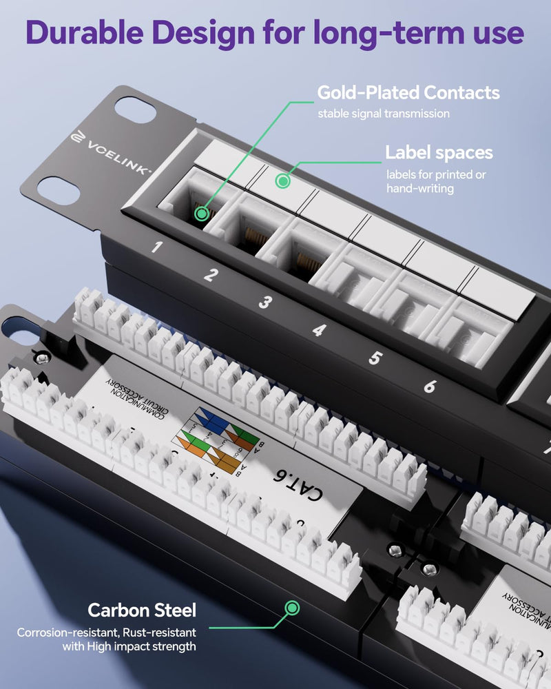 VCELINK 24-Port CAT6 Unshielded Patch Panel with Dust Cover, 1U RJ45 Rackmount Panel with Detachable Cable Management Bar for CAT5/5E/6 Cabling