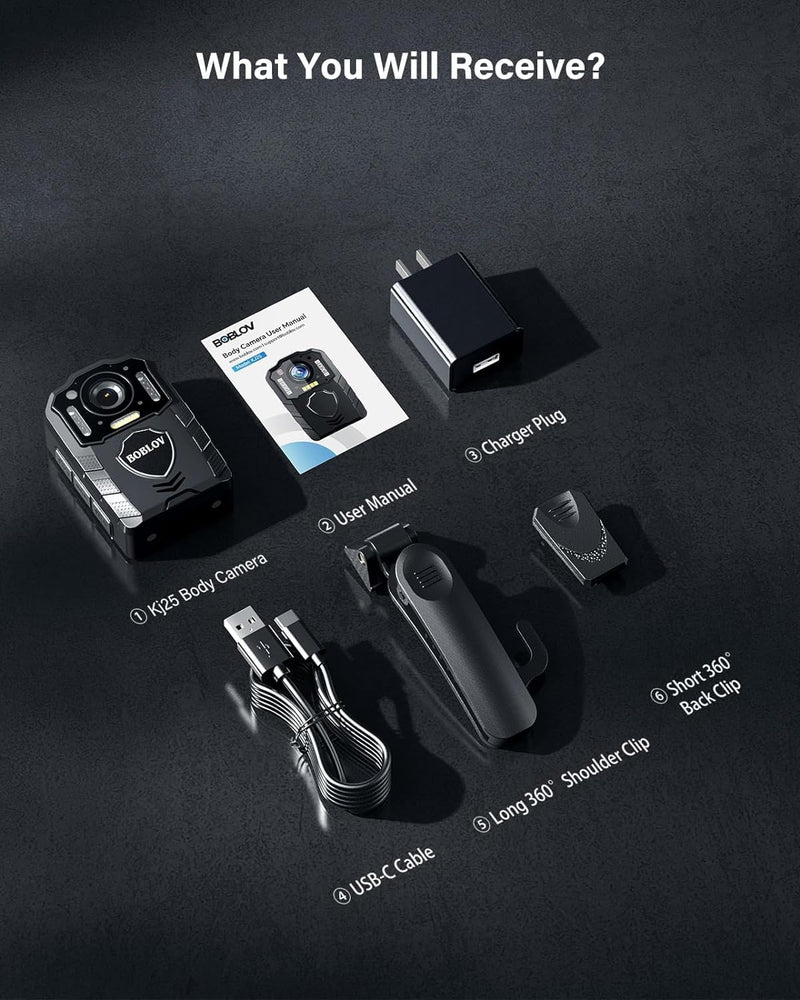 BOBLOV KJ25 128GB Body Camera, 3000mAh with 10-13Hrs Recording, Affordable Body Cam with Night Vision, External TF Card with Exchange for Hiking, Delivery, Law Enforcement(128GB)