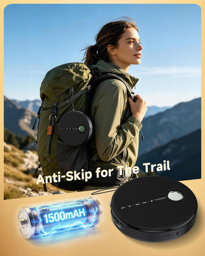 Portable Bluetooth CD Player with Anti-Skip, Stereo Speakers & Headphones | A-B Repeat, PROG Memory, 10 Playback Speeds, AUX input, Small Personal Walkman CD Players for Home, Car & Travel, Ideal Gifts