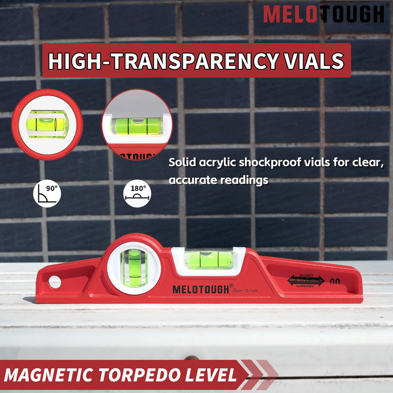 MELOTOUGH 10 Inch Die-Cast Magnetic Torpedo Level,Magnetic Level for Carpenter,Construction,Scaffolding, Plumbing Torpedo Level with Rare Earth Magnet,Pencil and Holster,Red,2PCS Red-2PCS