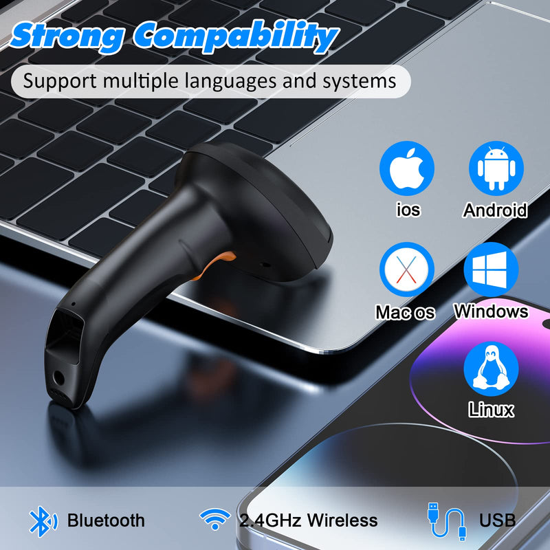 Bluetooth Wireless Barcode Scanner with Stand,Alacrity 3-in-1(Bluetooth & 2.4GHz Wireless & USB Wired) Bar Code Reader,1800mA*H Rechargeable Battery,Automatic Scanning,328Ft Range,16MB Storage Space Bluetooth Barcode Scanner with Stand