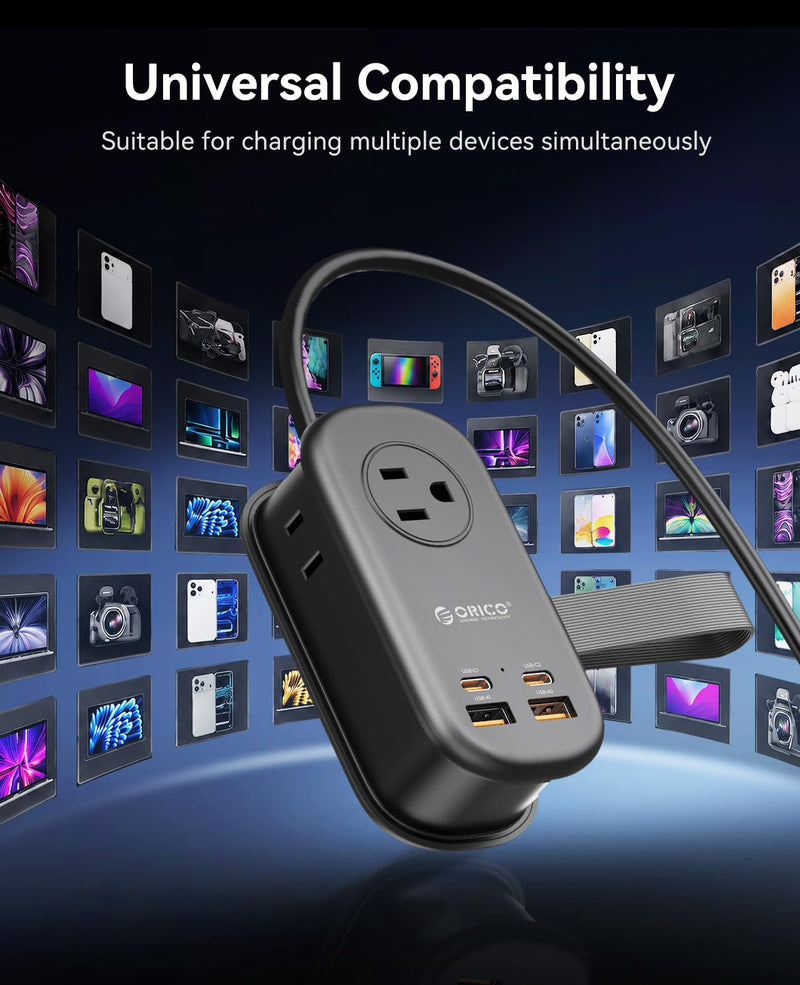 ORICO 65W GaN Travel Power Strip with 3 Outlets & 4 USB Ports (2 USB C) | 4FT Flat Plug Extension Cord with Cord Wrap Design, Compact USB C Charger for Cruise Home Office Dorm Laptop Black