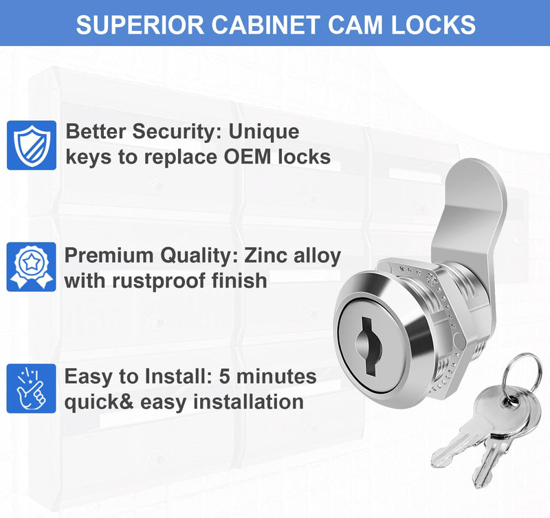 Cylinnda 5/8" Zinc Alloy Cam Locks (8 Pack) with Keys - Keyed Alike Set for Mailbox, Toolbox and Pickup Trucks 8 Pack 5/8 Inch