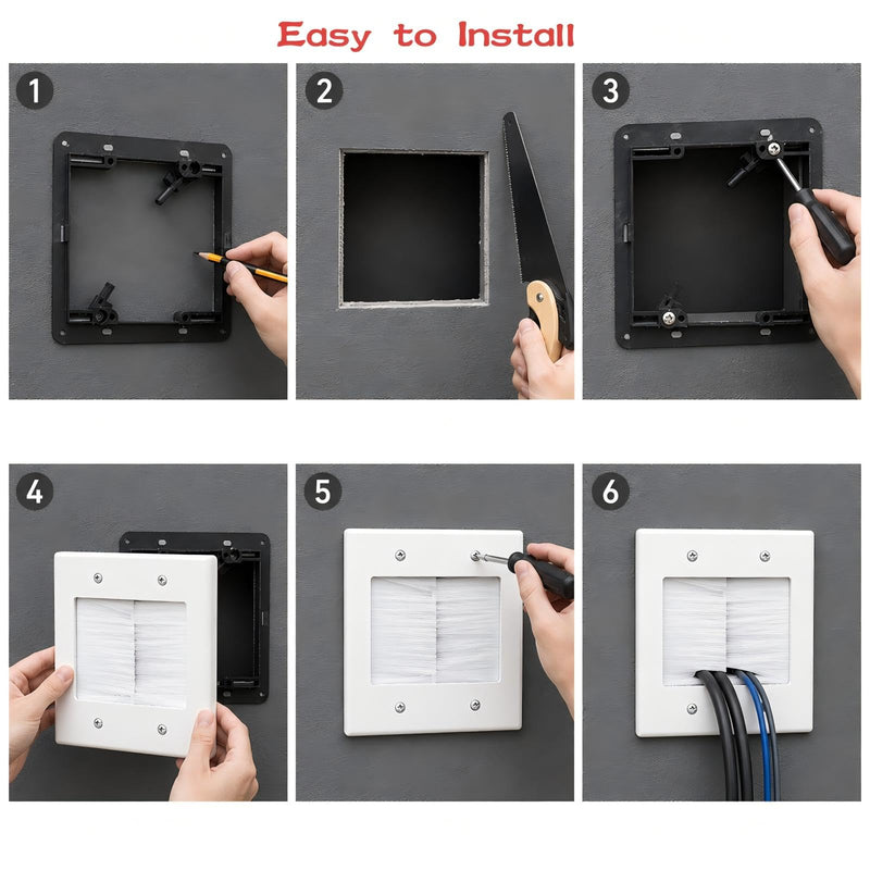 1 Pack 2-Gang Brush Wall Plate with Bracket, Cable Pass Through Wire Hider | Dustproof Large Capacity In-Wall Cable Management for HDMI, Ethernet,Speaker, Home Theater, Versatile Use, Easy Installation 2-Gang Brush Wall Plate (1 Pack)