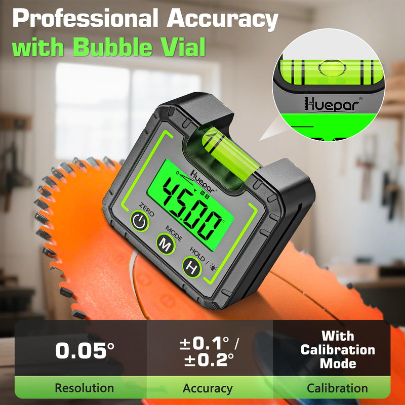 Huepar Digital Level Angle Gauge Mini Angle Finder Level Box with V-Groove Magnetic Base&Backlit LCD Bevel Gauge Inclinometer for Carpentry,Building, Automobile, Masonry - 0~360° Fast Measurement AG01