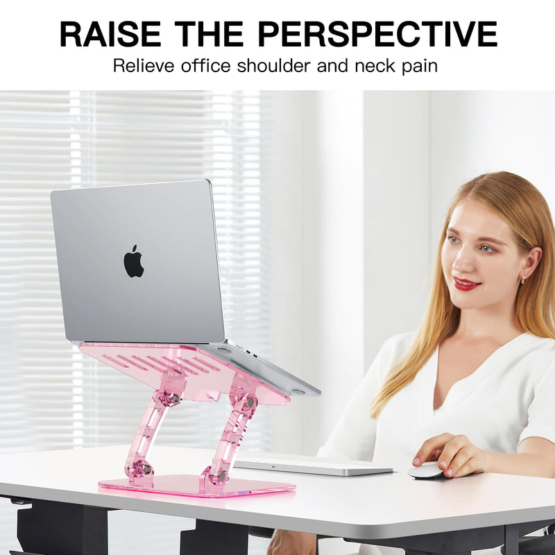 Pink Acrylic Adjustable Laptop Stand,Adjustable Height Foldable Laptop Riser for Desk, Clear Portable Laptop Holder Ergonomic Computer Stand,Compatible with 10-17.3” Laptops (Pink) pink
