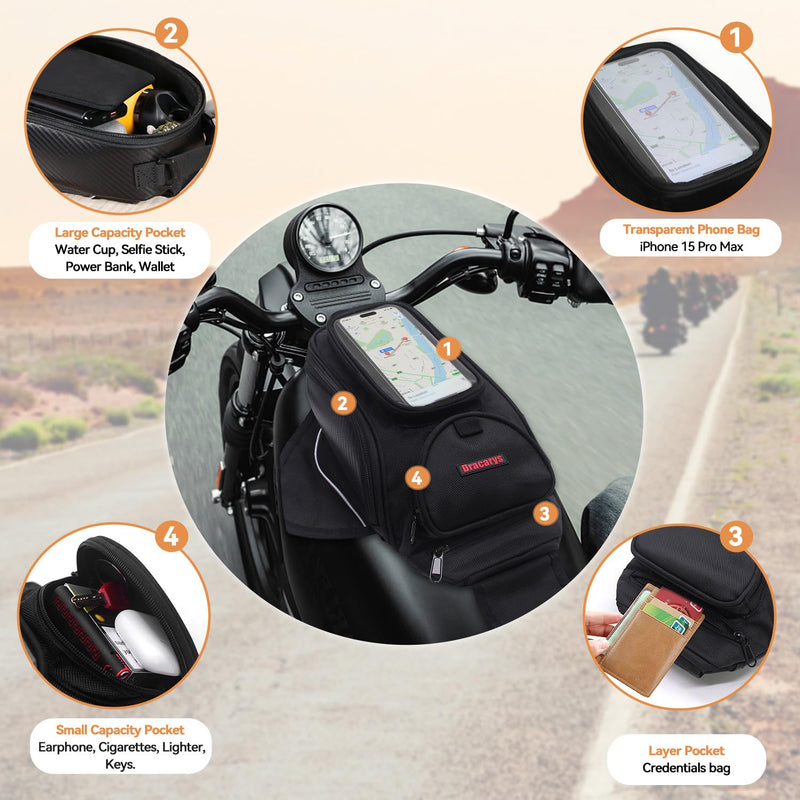 Dracarys Motorcycle Tank Bag - Oxford Saddle Black Motorbike Bag - Strong Magnetic Bag for Honda Yamaha Suzuki Kawasaki Harley 4Liter