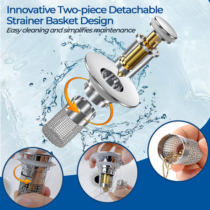 Bathroom Sink Drain Strainer, Pop-up Sink Drain Strainer with Removable Stainless Steel Strainer Basket Hair Catcher, Bathroom Sink Strainer for Bathroom Sink Stopper Replacement (3PCS) Sliver-3