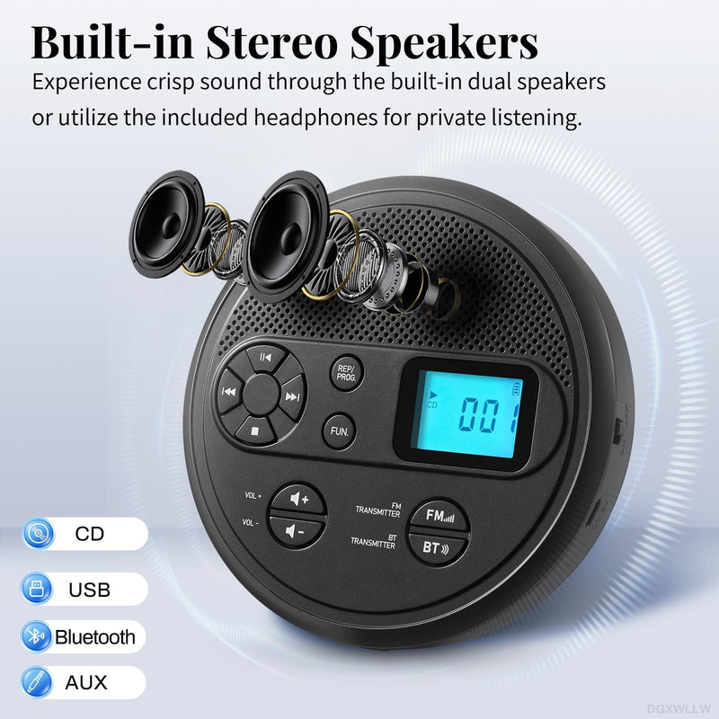 Portable CD Player with Bluetooth, FM Transmitter, USB, AUX, Timer | Rechargeable CD Player with Anti-Skip, Stereo Speakers, LCD Display, Includes Headphones for Use at Home or in Car, Black