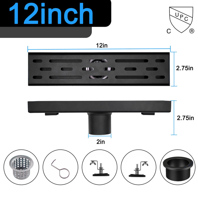 12 Inch Black Linear Shower Drain, Rectangular Shower Floor Drains with Brickwork Cover, 304 Stainless Steel Black Linear Drain for Bathroom with Leveling Feet, Hair Strainer (Matte Black) 12 Inch