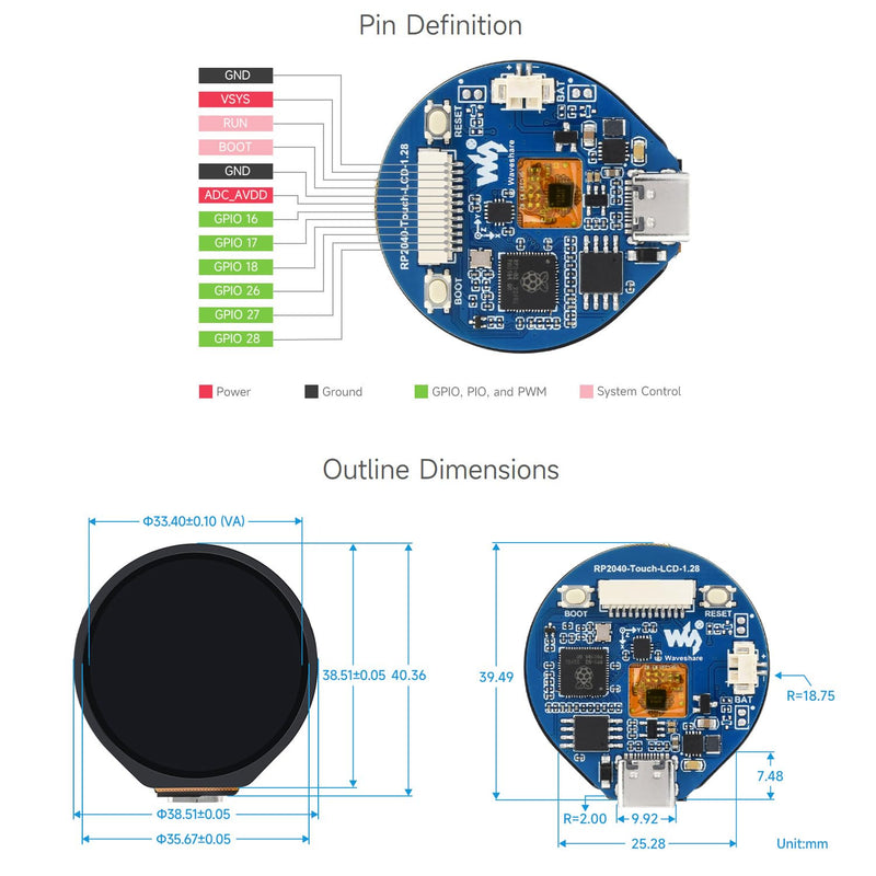 Waveshare RP2040 Microcontroller Development Board, with 1.28inch Round Touch LCD, Compact Size, Accelerometer and Gyroscope Sensor