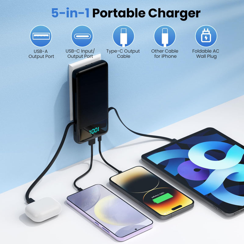 Portable Charger for iPhone with Built in Cables and Wall Plug,Upgraded 13800mAh Fast Charging USB C Power Bank,4 Outputs Travel Essential Battery Pack Compatible with iPhone 15/14,Samsung,Android etc Black