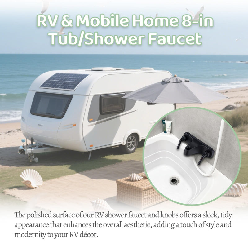 Tub/Shower Faucet 8" with Diverter for RV/Mobile Travel Home, Economical Two Handle Classic Shower Faucet Center-Set (Black) Black