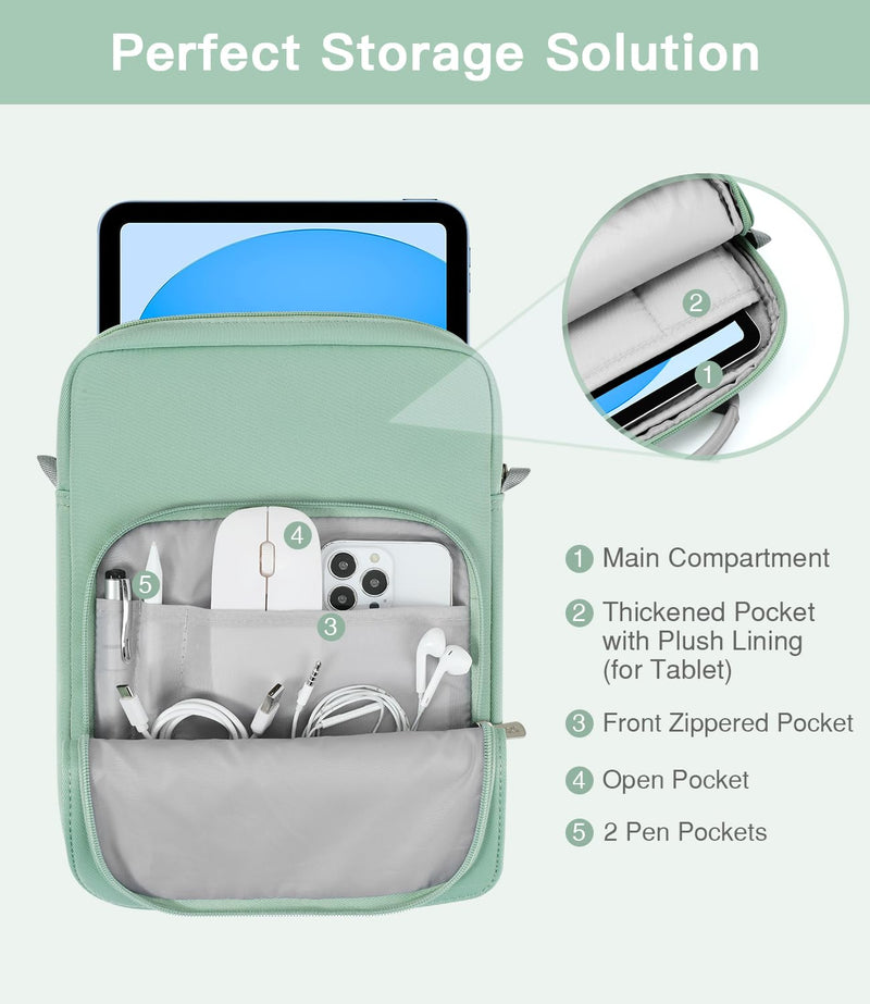 MoKo 9-11 Inch Tablet Sleeve Bag Handle Carrying Case with Shoulder Strap Fits iPad Pro 11 inch,iPad 10th 10.9,iPad 9/8/7th Generation 10.2,iPad Air 5/4th 10.9,iPad 9.7,Tab S8/S9 11", Cyan Dark Green