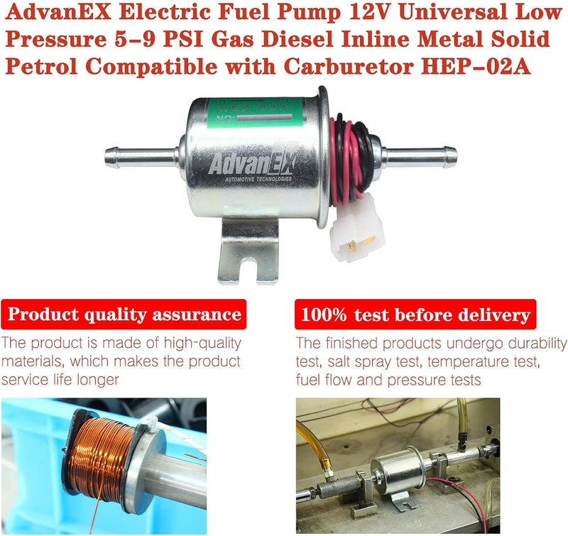 Electric Fuel Pump 12V Universal Low Pressure 5-9 PSI Gas Diesel Inline Metal Solid Petrol Compatible with Carburetor HEP-02A HEP-02A(5-9 PSI)