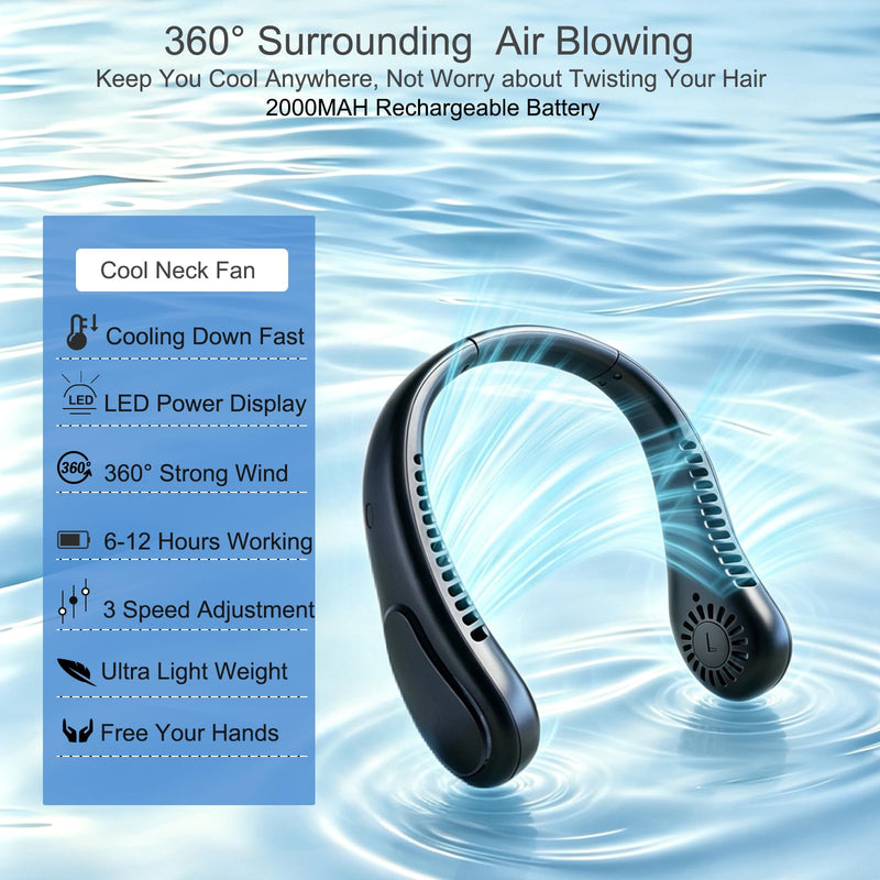 Hands Free Neck Fan, 3-Speed 360° Cooling USB Rechargeable Bladeless Fan | Lightweight Skin-Friendly Ergonomic Fan, Portable Outdoor Travel Accessory for Men Women