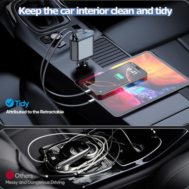 66W Retractable Car Charger Fast Charging,4 in 1 Car Charger USB Fast Charge with Retractable USB C Cable + Lightning Cable,USB C Port and USB A Port Car Phone Charging for iPhone 17/16/15/14/13,iPad