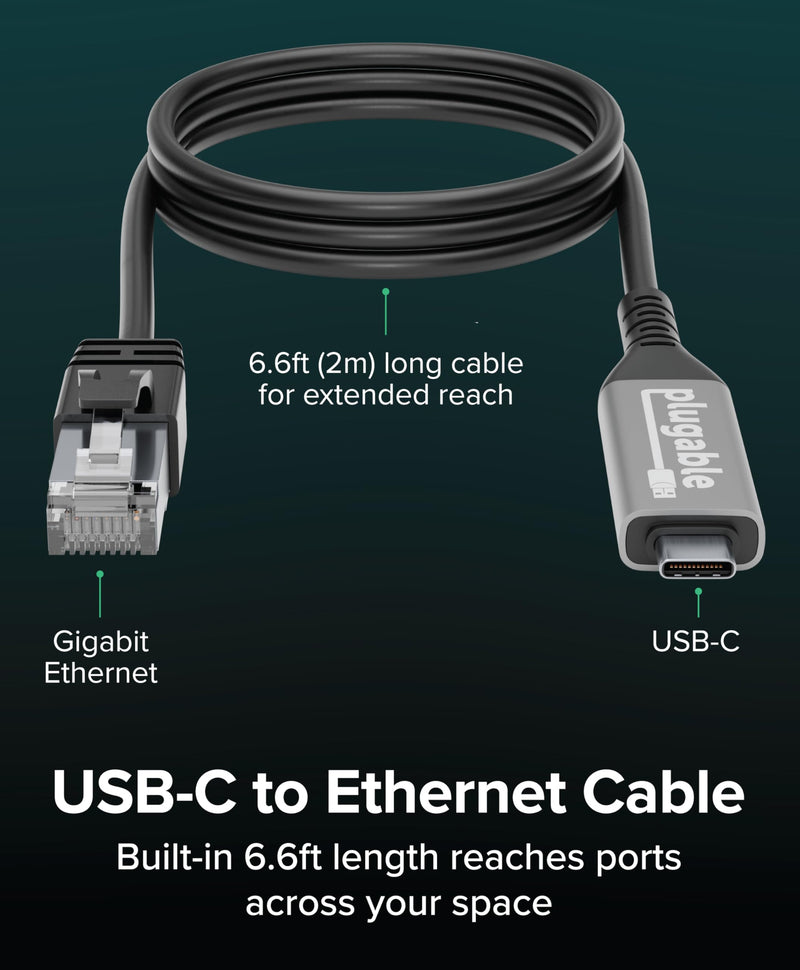 Plugable USB C to Ethernet Cable: USBC to RJ45 Ethernet Cord, Directly Connected LAN Gigabit Network Adapter for MacBook Pro, iPad Pro, iPhone 15/16, Laptop, USB4/Thunderbolt Compatible, 2m 6.6ft