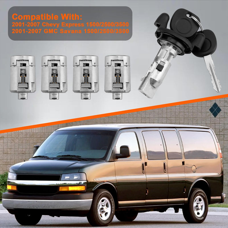 Ignition Switch Lock Cylinder & Four Door Lock Cylinders with 2 Keys, Compatible with 2001-2007 Chevy Express 1500/2500/3500, GMC Savana 1500/2500/3500, Replace#: 704600, 706591