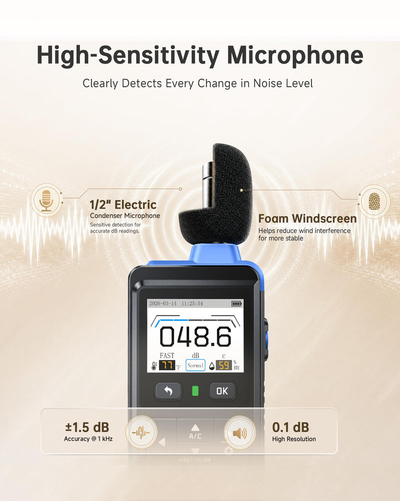 FNIRSI FDM-02 Decibel Meter, 30–130dB Sound Level Meter with 2" IPS Screen, A/C Weighting & Fast/Slow Response, Rechargeable for Home, Audio & Workplace Noise