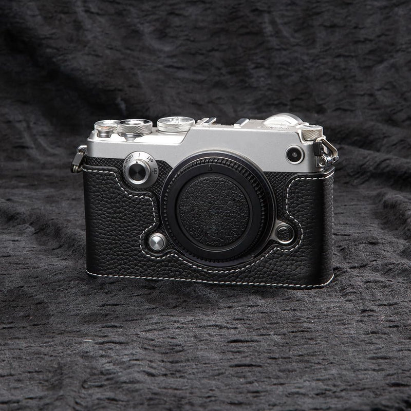 Leather Vintage Half-Wrap Camera Protection case, Handcrafted Camera case, Suitable for Olympus Pen-F M43 (Black) Black
