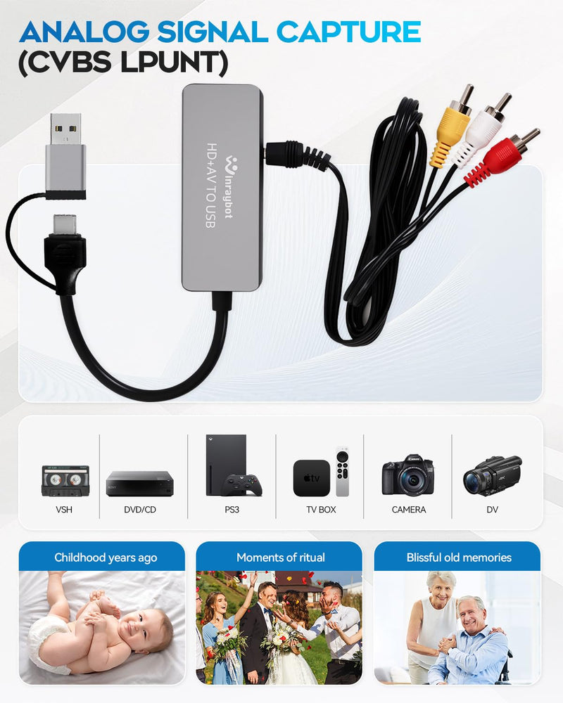 VHS to Digital Converter, RCA to USB Converter Analog to Digital Adapter for VHS/HI9, Video Capture Card for Laptop, HDMI for Video Streaming Convert RCA/S-Video/HDMI Input (USB-A+USB-C) USB A/C Model 02