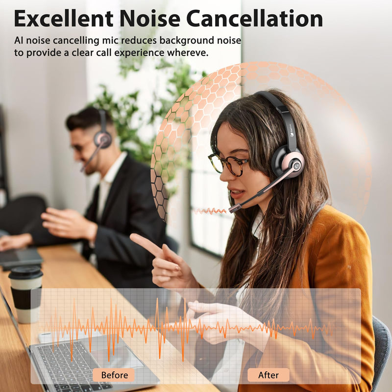 Bluetooth Headset, Wireless Headset with Noise Cancelling Microphone & Mute Function for Work, On Ear Wireless Headphones with USB Dongle & Charging Base for Work from Home Computer Office Call Center Rose Gold