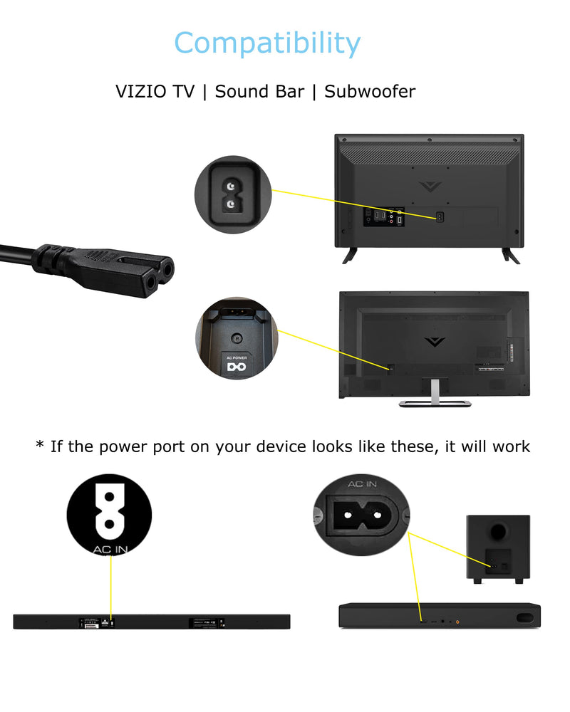 2 Prong AC Power Cord Compatible wtih Vizio D/E/M Series HDTV, Vizio Sound Bar Supply Cable Replacement 6FT